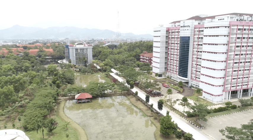 Telkom University landscape frome drone, kampus universitas swasta terbaik di bandung indonesia