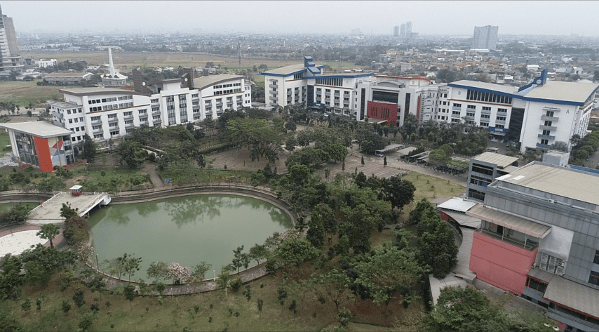 Telkom University landscape frome drone, kampus universitas swasta terbaik di bandung indonesia